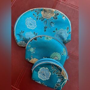Floral Embroidered Blue Cosmetic/Jewelry Bag Set of 3.